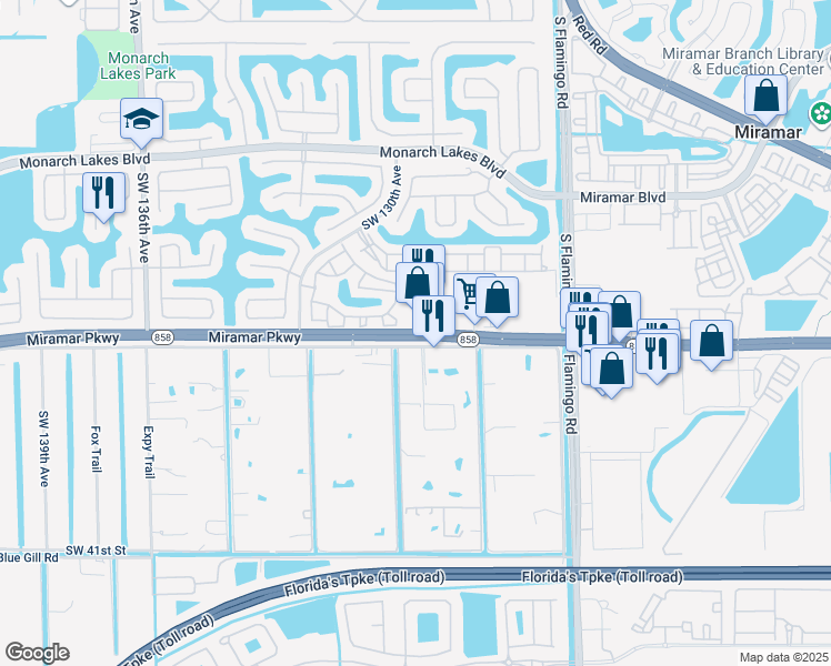map of restaurants, bars, coffee shops, grocery stores, and more near 12798 Old Miramar Parkway in Miramar