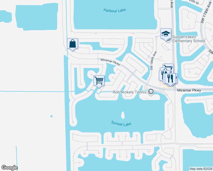 map of restaurants, bars, coffee shops, grocery stores, and more near 18921 Southwest 32nd Court in Miramar
