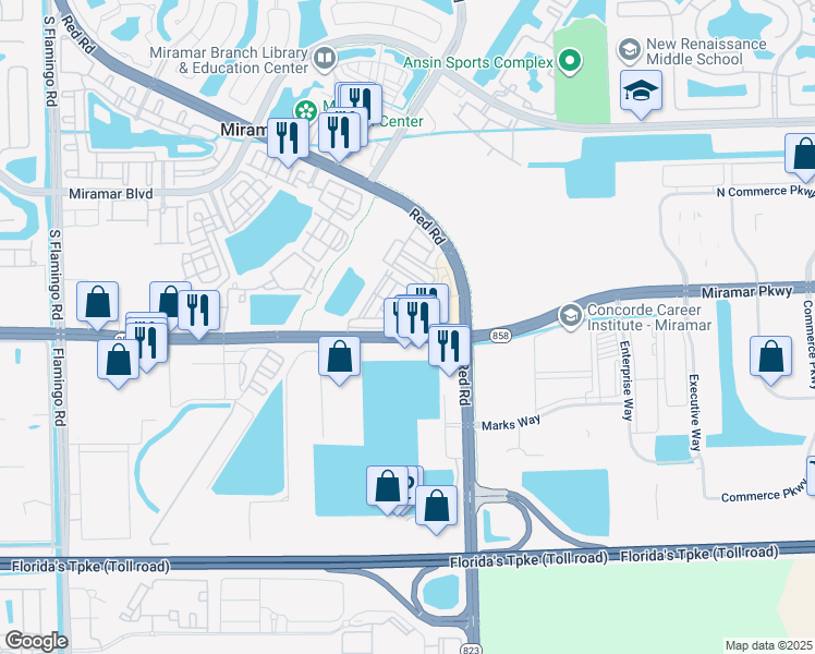 map of restaurants, bars, coffee shops, grocery stores, and more near 11385 Southwest 30th Court in Miramar