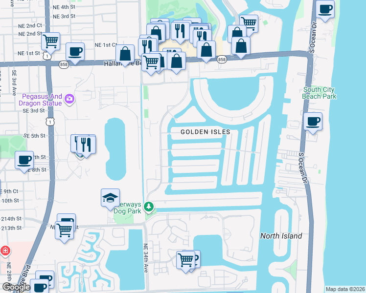 map of restaurants, bars, coffee shops, grocery stores, and more near 455 Sunset Drive in Hallandale Beach