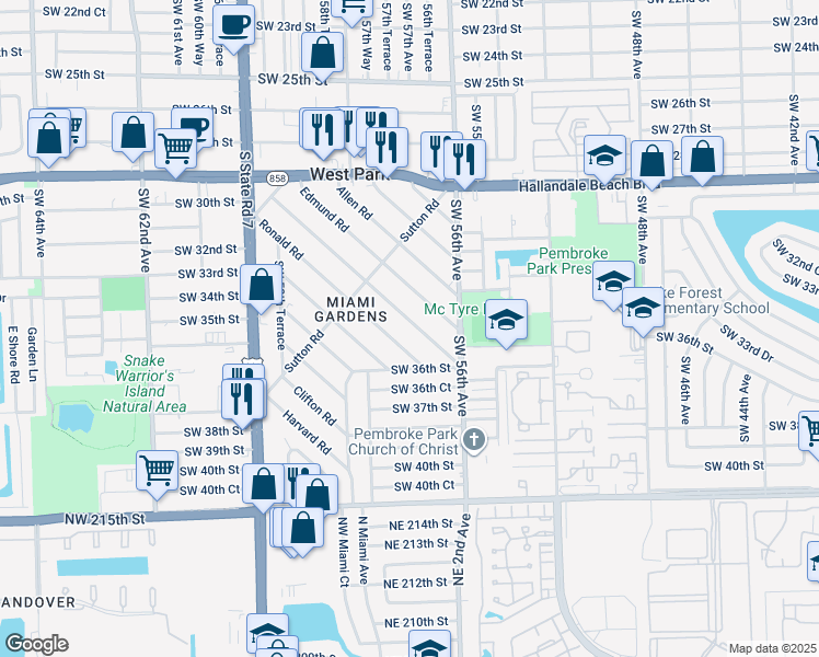 map of restaurants, bars, coffee shops, grocery stores, and more near 125 Ronald Road in West Park