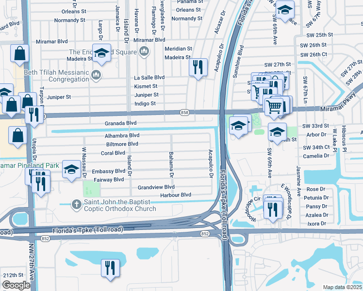 map of restaurants, bars, coffee shops, grocery stores, and more near 7310 Coral Boulevard in Miramar