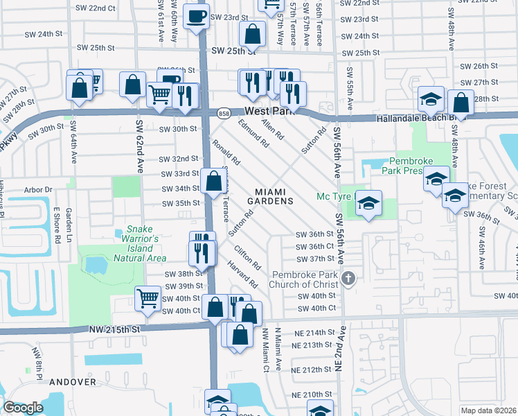 map of restaurants, bars, coffee shops, grocery stores, and more near 102 Thomas Road in West Park