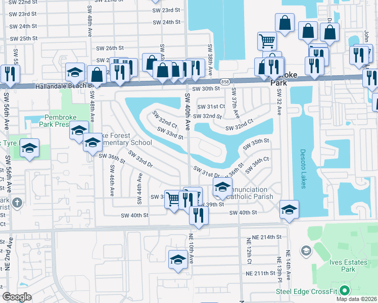 map of restaurants, bars, coffee shops, grocery stores, and more near 3351 Southwest 40th Avenue in West Park