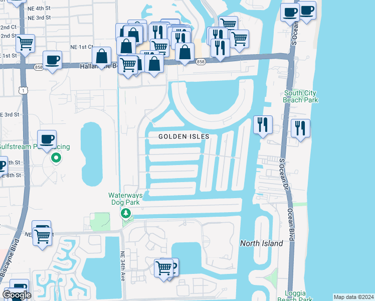 map of restaurants, bars, coffee shops, grocery stores, and more near 419 Sunset Drive in Hallandale Beach