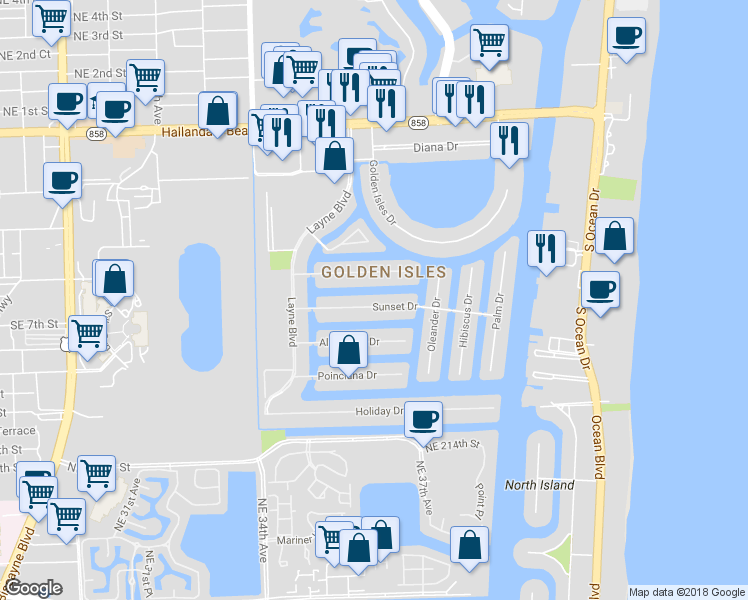 map of restaurants, bars, coffee shops, grocery stores, and more near 419 Sunset Drive in Hallandale Beach