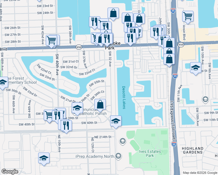 map of restaurants, bars, coffee shops, grocery stores, and more near 3631 Southwest 32 Avenue in West Park