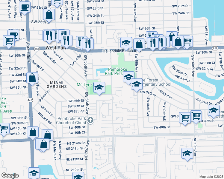 map of restaurants, bars, coffee shops, grocery stores, and more near 3549 Southwest 52nd Avenue in Pembroke Park