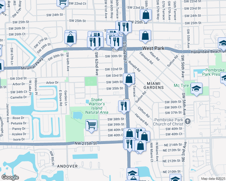 map of restaurants, bars, coffee shops, grocery stores, and more near 6050 Southwest 35th Street in Miramar