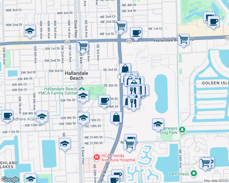 map of restaurants, bars, coffee shops, grocery stores, and more near 500 South Federal Highway in Hallandale Beach