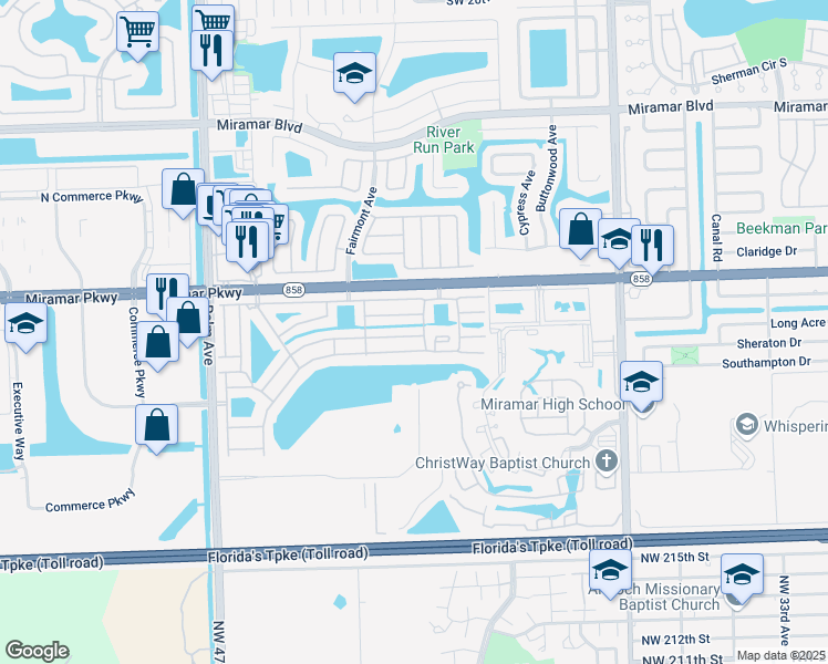 map of restaurants, bars, coffee shops, grocery stores, and more near 9511 West Daffodil Lane in Miramar