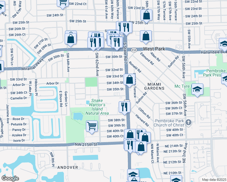 map of restaurants, bars, coffee shops, grocery stores, and more near 6050 Southwest 35th Street in Miramar