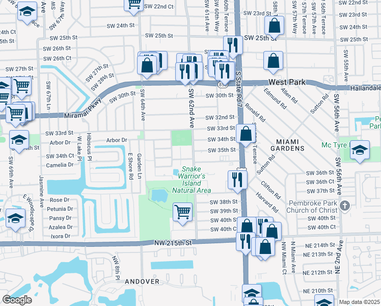 map of restaurants, bars, coffee shops, grocery stores, and more near 3450 Southwest 62nd Avenue in Miramar