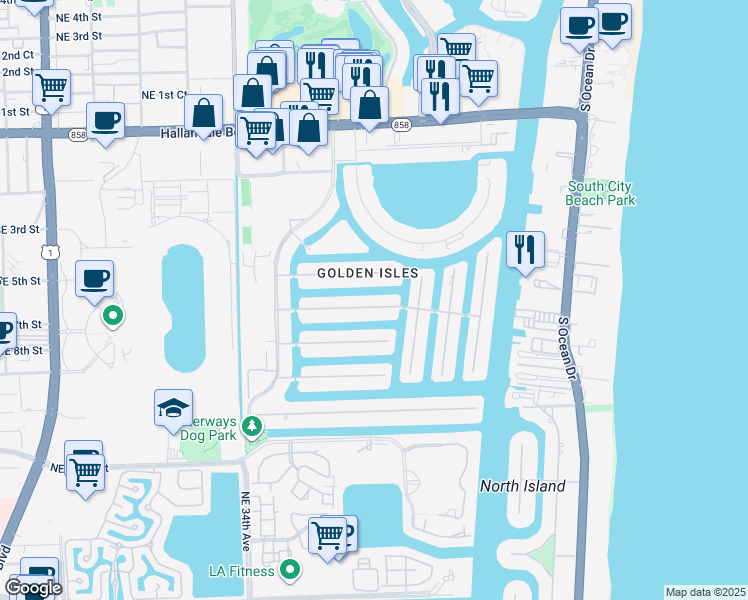 map of restaurants, bars, coffee shops, grocery stores, and more near 419 Sunset Drive in Hallandale Beach