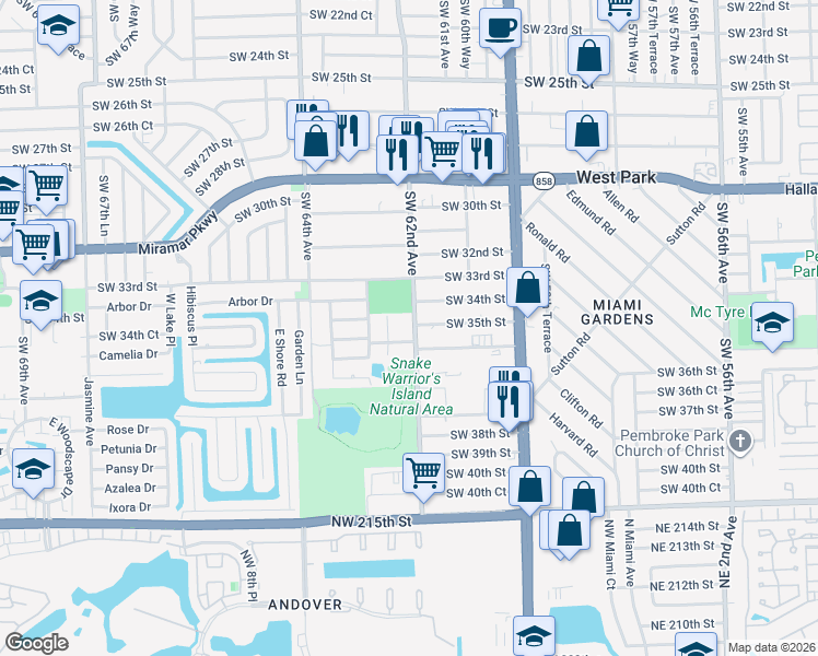 map of restaurants, bars, coffee shops, grocery stores, and more near 3450 Southwest 62nd Avenue in Miramar