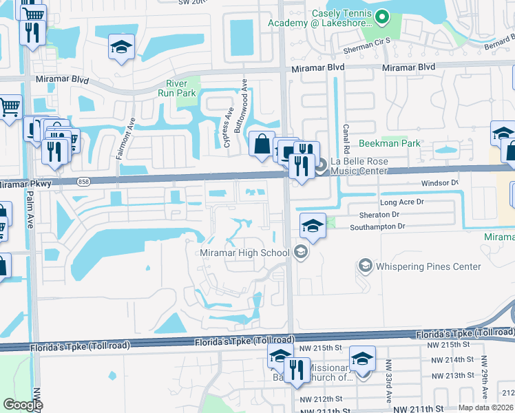 map of restaurants, bars, coffee shops, grocery stores, and more near 3235 Foxcroft Road in Miramar