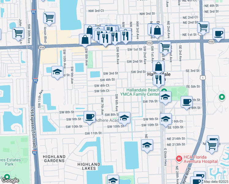 map of restaurants, bars, coffee shops, grocery stores, and more near 601 Southwest 5th Court in Hallandale Beach
