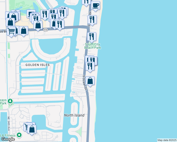 map of restaurants, bars, coffee shops, grocery stores, and more near in Hallandale Beach