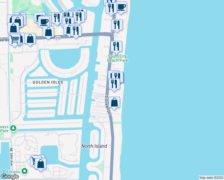 map of restaurants, bars, coffee shops, grocery stores, and more near in Hallandale Beach