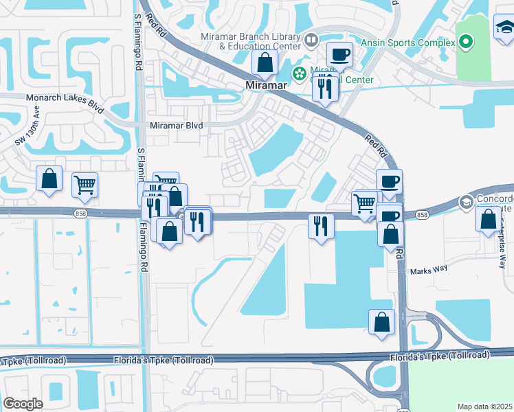 map of restaurants, bars, coffee shops, grocery stores, and more near 11811 Miramar Parkway in Miramar