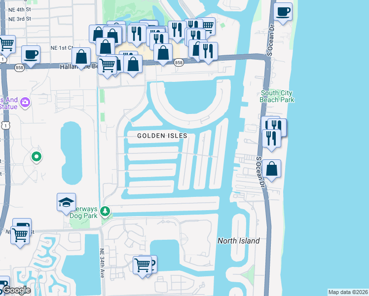 map of restaurants, bars, coffee shops, grocery stores, and more near 401 Tamarind Drive in Hallandale Beach
