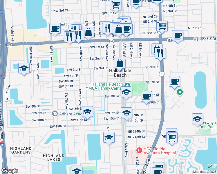 map of restaurants, bars, coffee shops, grocery stores, and more near 100 Southwest 5th Street in Hallandale Beach