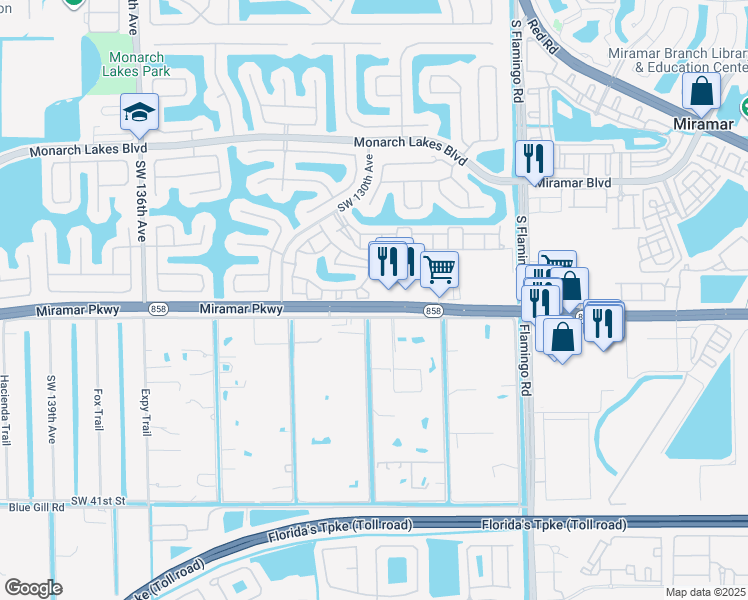 map of restaurants, bars, coffee shops, grocery stores, and more near 3121 Southwest 128th Avenue in Miramar