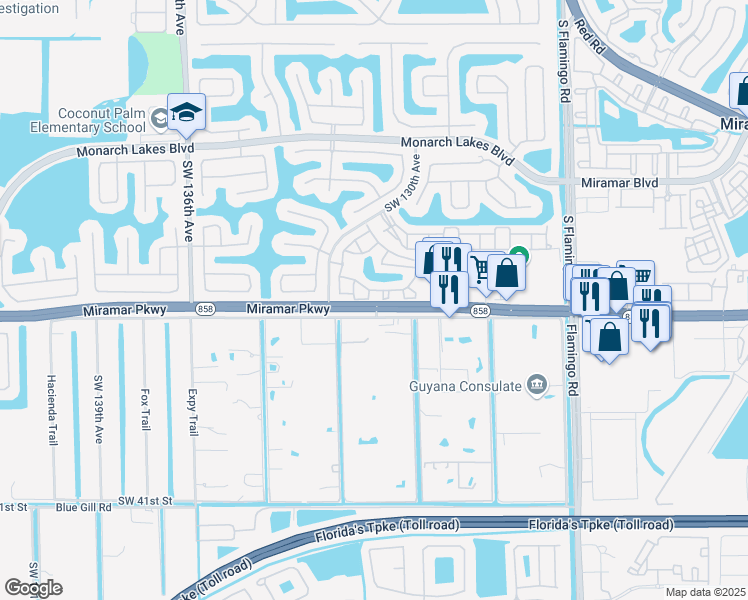 map of restaurants, bars, coffee shops, grocery stores, and more near 12847 Southwest 31st Court in Miramar
