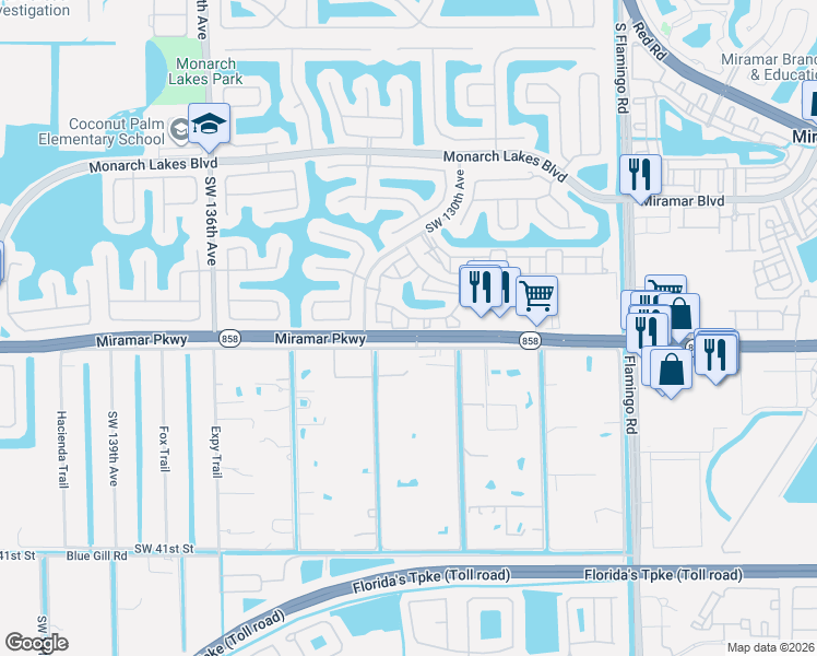 map of restaurants, bars, coffee shops, grocery stores, and more near 3157 Southwest 129th Way in Miramar