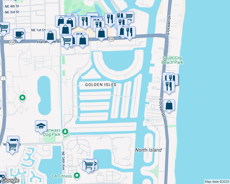 map of restaurants, bars, coffee shops, grocery stores, and more near 401 Tamarind Drive in Hallandale Beach