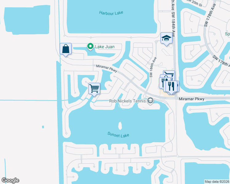 map of restaurants, bars, coffee shops, grocery stores, and more near 3102 Southwest 189th Avenue in Miramar