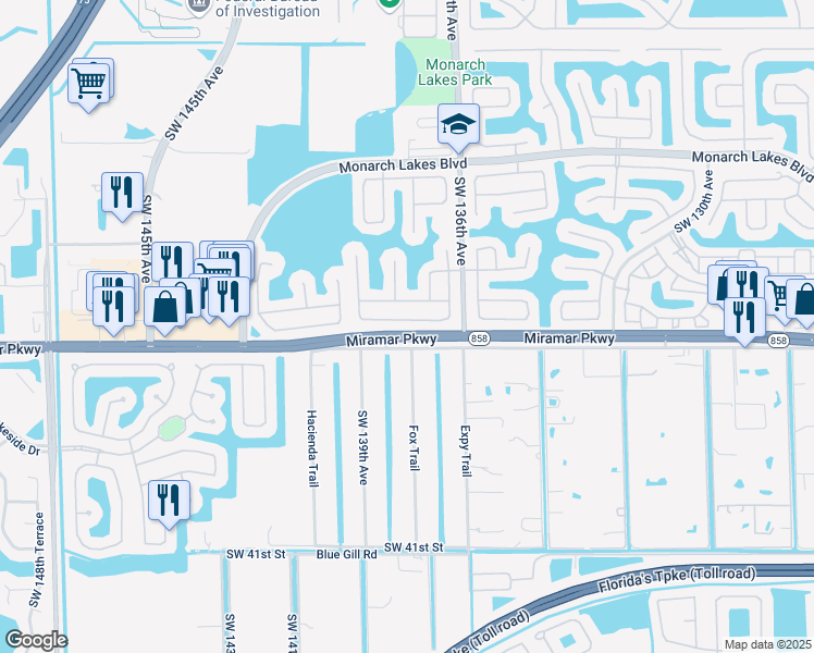 map of restaurants, bars, coffee shops, grocery stores, and more near 13778 Southwest 32nd Street in Miramar