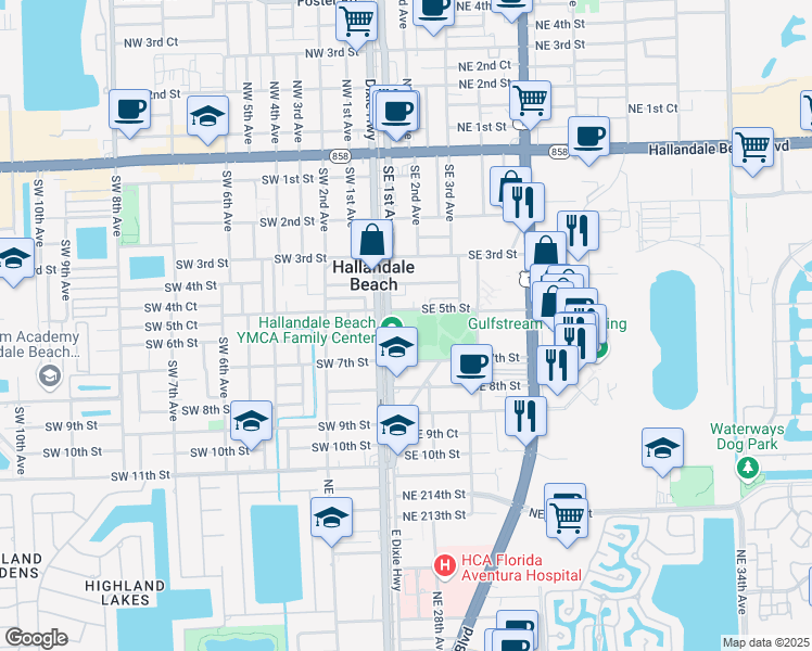 map of restaurants, bars, coffee shops, grocery stores, and more near 202 Southeast 5th Street in Hallandale Beach