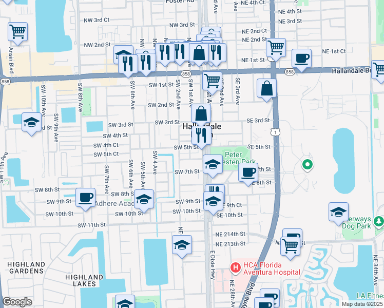 map of restaurants, bars, coffee shops, grocery stores, and more near 100 Southwest 5th Street in Hallandale Beach