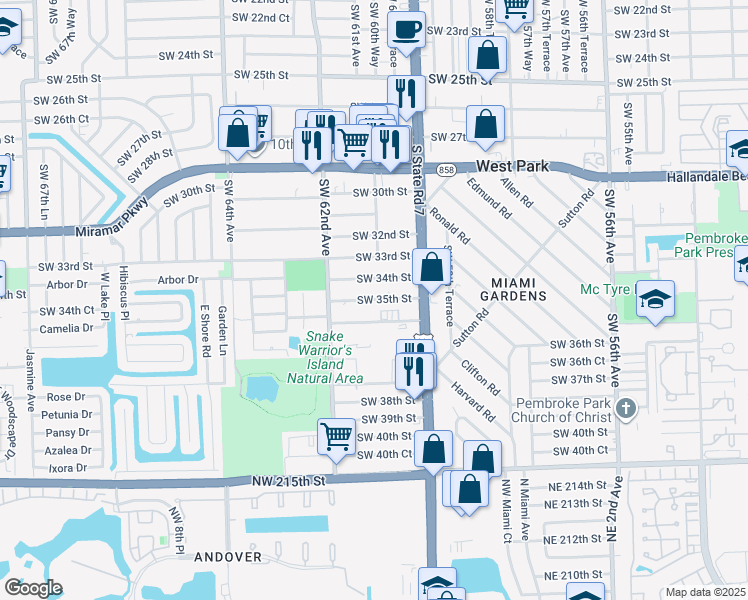 map of restaurants, bars, coffee shops, grocery stores, and more near 6020 Southwest 34th Street in Miramar