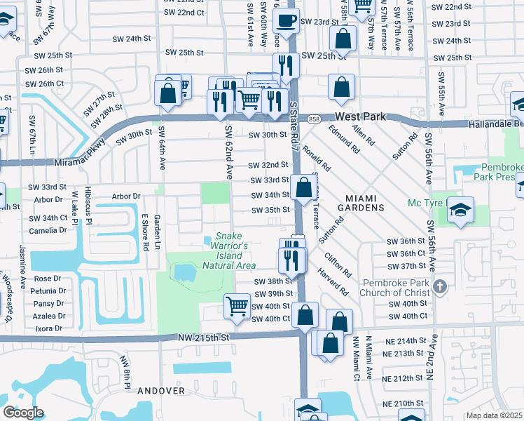 map of restaurants, bars, coffee shops, grocery stores, and more near 6020 Southwest 34th Street in Miramar