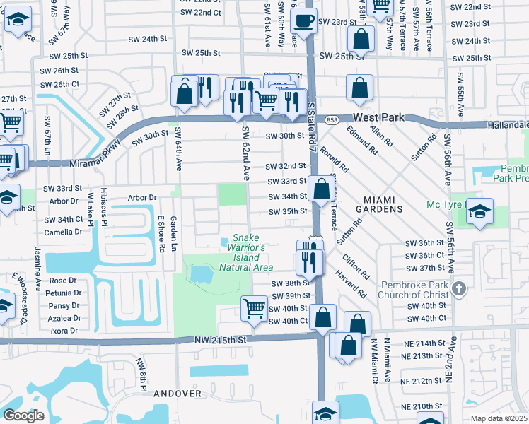 map of restaurants, bars, coffee shops, grocery stores, and more near 6126 Southwest 34th Street in Miramar