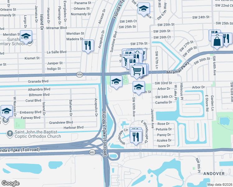 map of restaurants, bars, coffee shops, grocery stores, and more near 3400 Wildcat Way in Miramar