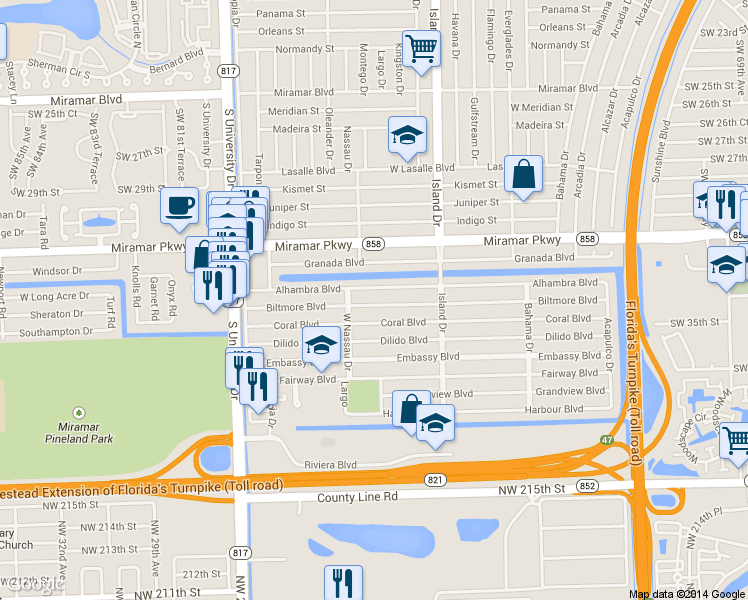 map of restaurants, bars, coffee shops, grocery stores, and more near 7761 Alhambra Boulevard in Miramar