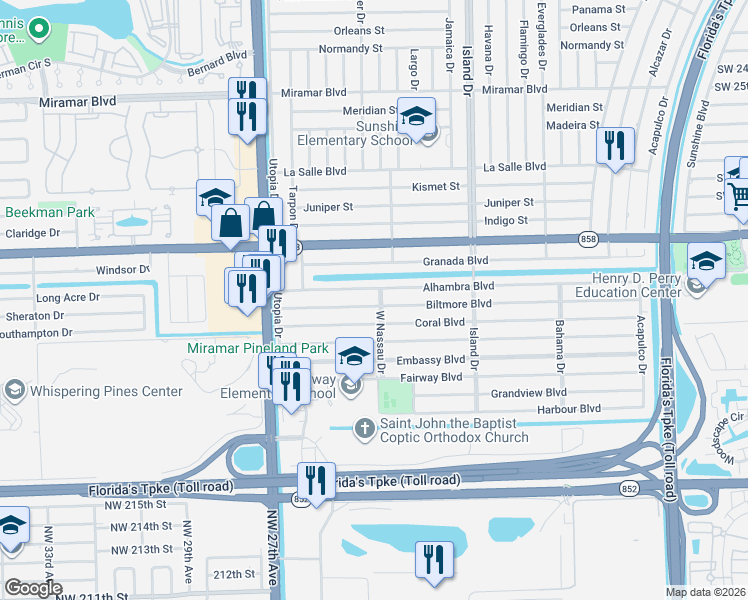map of restaurants, bars, coffee shops, grocery stores, and more near 7809 Alhambra Boulevard in Miramar