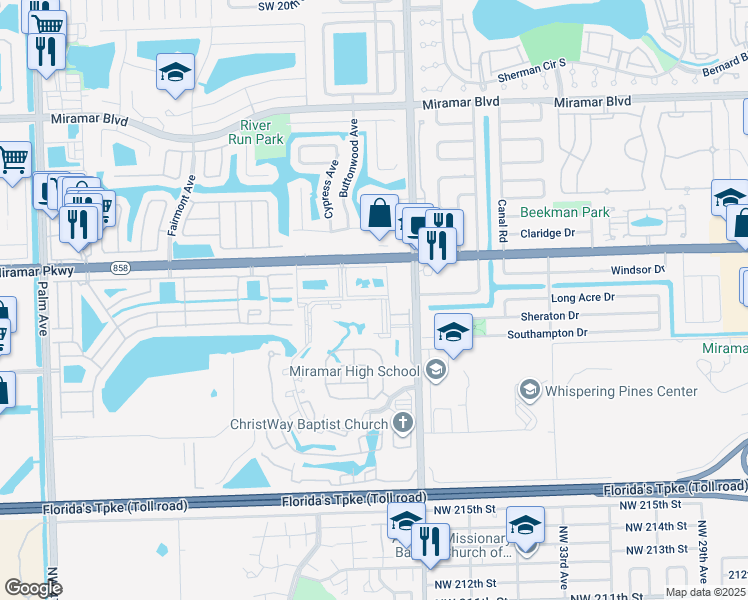 map of restaurants, bars, coffee shops, grocery stores, and more near 3235 Foxcroft Road in Miramar