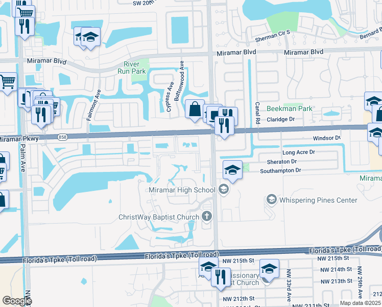 map of restaurants, bars, coffee shops, grocery stores, and more near 3235 Foxcroft Road in Miramar