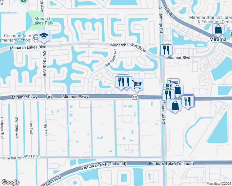 map of restaurants, bars, coffee shops, grocery stores, and more near 3121 Southwest 128th Avenue in Miramar