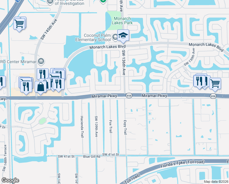 map of restaurants, bars, coffee shops, grocery stores, and more near 13776 Southwest 31st Street in Miramar