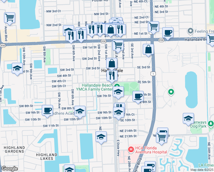 map of restaurants, bars, coffee shops, grocery stores, and more near 100 Southwest 5th Street in Hallandale Beach