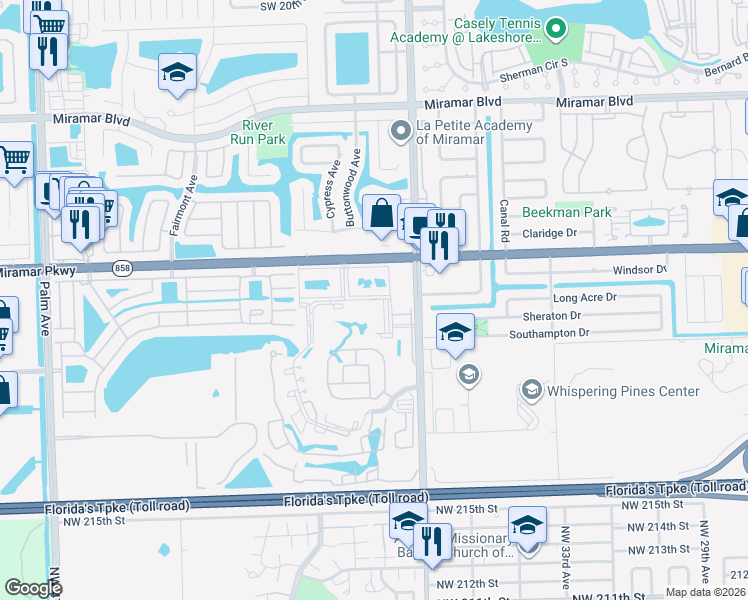 map of restaurants, bars, coffee shops, grocery stores, and more near 3235 Foxcroft Road in Miramar