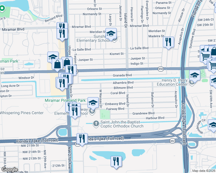map of restaurants, bars, coffee shops, grocery stores, and more near 7761 Alhambra Boulevard in Miramar