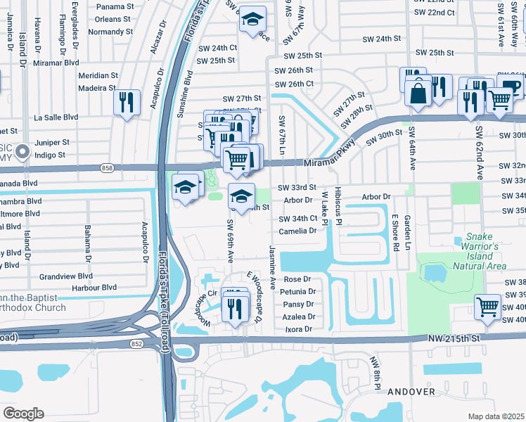 map of restaurants, bars, coffee shops, grocery stores, and more near 6810 Southwest 34th Street in Miramar