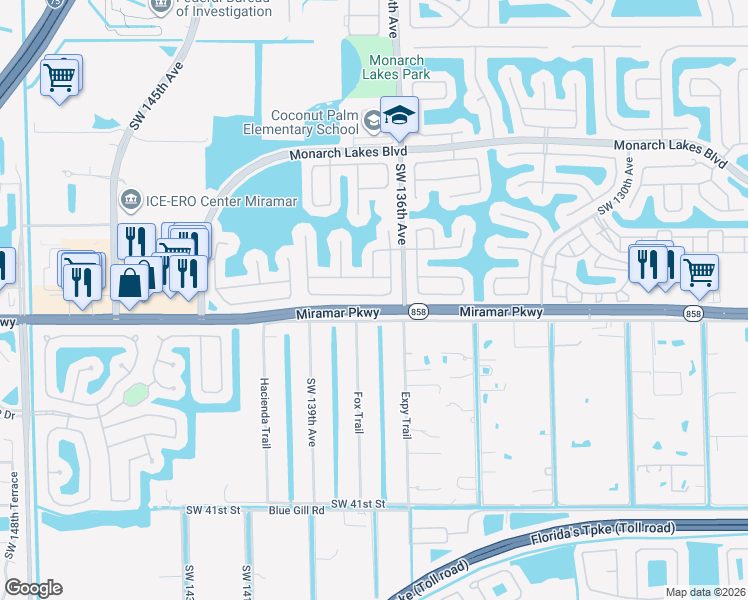 map of restaurants, bars, coffee shops, grocery stores, and more near 13776 Southwest 31st Street in Miramar