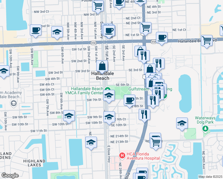 map of restaurants, bars, coffee shops, grocery stores, and more near 501 Southeast 1st Avenue in Hallandale Beach